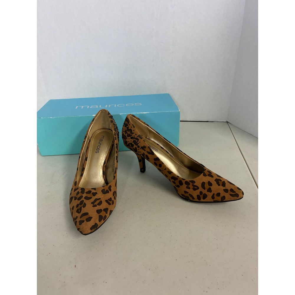 Maurices Lauren Leopard Print Pointed Toe Pumps Rhinestone Heel Brown Black Sz 8